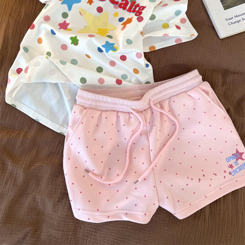 Dopamine Polka Dot Casual Shorts for Women, Summer Drawstring Versatile Home Sports Pants, High-Waisted Slimming Wide-Leg Hot Pants