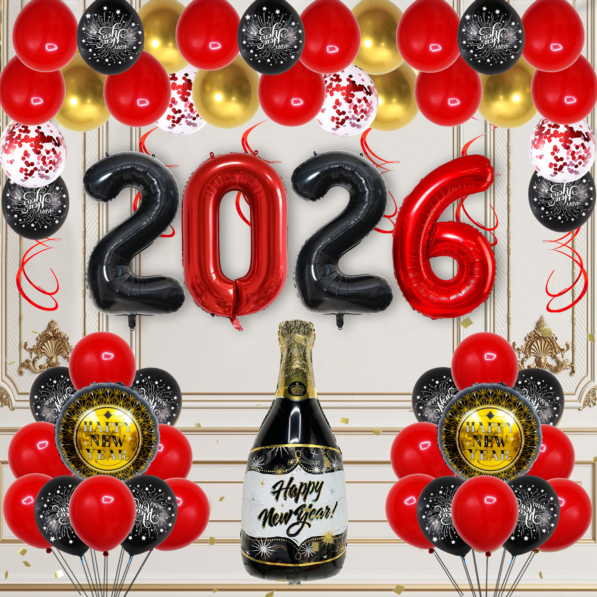 Traje de cadena de globos de Año Nuevo transfronterizo decoración de vacaciones diseño de ambiente feliz año nuevo Bandera de Año Nuevo