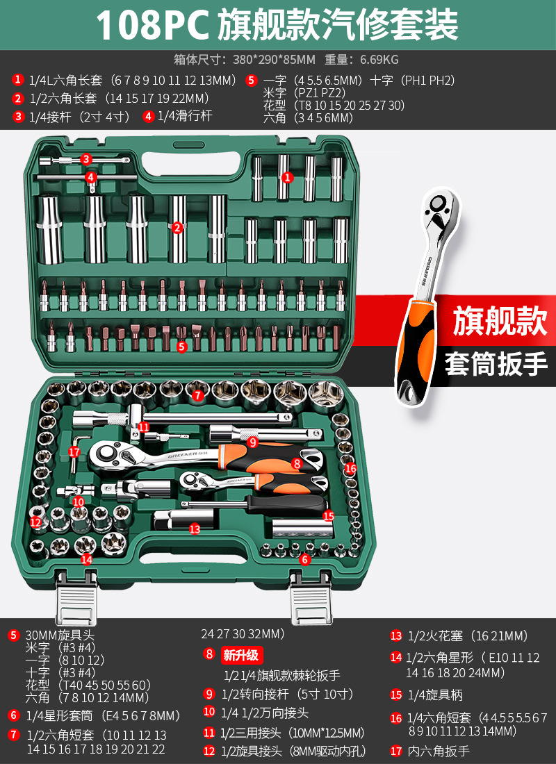Wrench Set | Shiyong Sheet Metal Spray Repair - flagship-72-tooth-bent-handle-auto-repair-108-piece-set