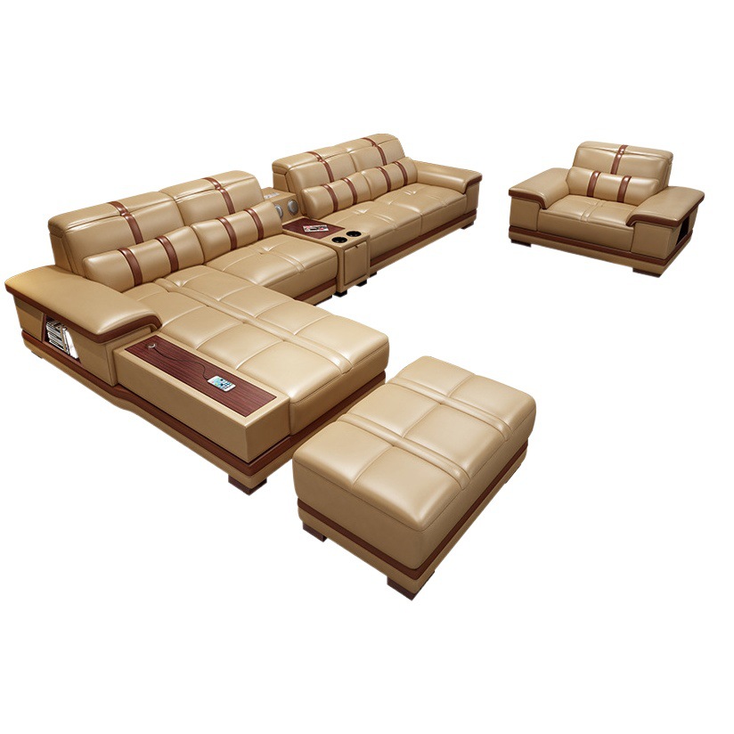 Sofá de cuero genuino amarillo piel de vaca esquina sofá chaise estilo moderno sala de estar apartamento grande y pequeño fila recta madera maciza luz sofá de lujo