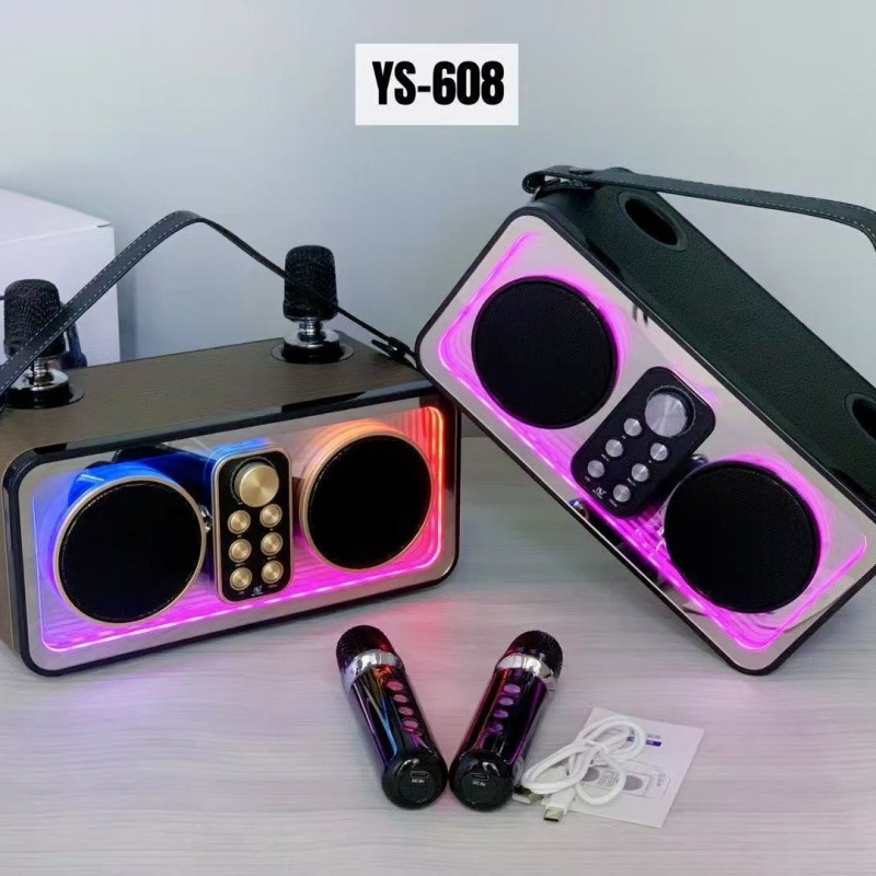 Ys608 Satchel Outdoor Home Leather Pattern High Power 3600 Mah Dual Wireless Microphone Karaoke Speaker