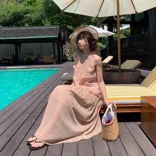 诠释美 NEWOPEN 25夏日海边度假风网纱提花无袖挂脖连衣裙女S5705