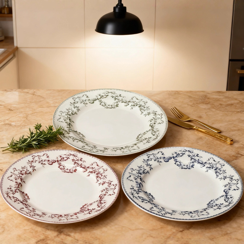 Retro French Fresh Medieval Ceramic Plate Dessert Plate High-Value Breakfast Plate Wholesale Bow Set Cake Plate