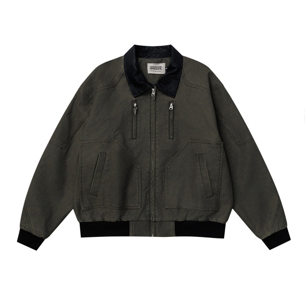 Punk Vintage Canvas Workwear Jacket For Men, Color-Block Turn-Down Collar, Loose Casual Deconstructed Zipper Design,_voghion.com