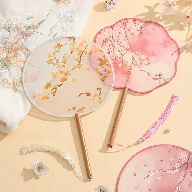 古风半透团扇儿童汉服扇子女童旗袍舞蹈扇夏天中国风古装宫廷圆扇
