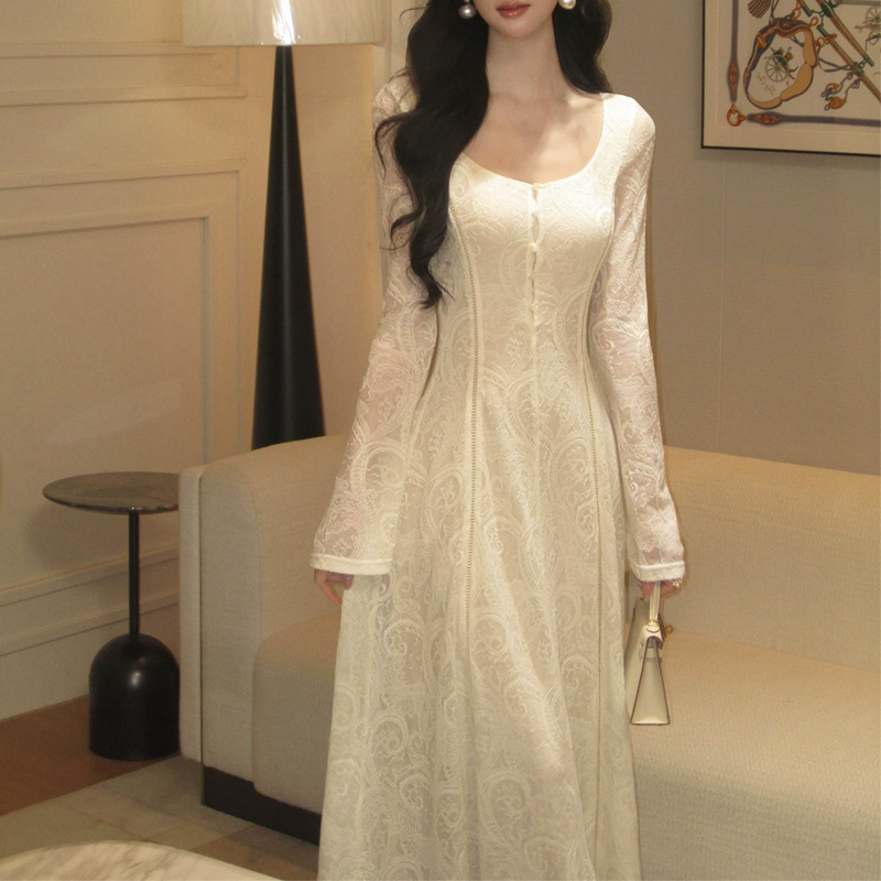 [Paisley] Wool lace knit dress, square neckline, slightly flared sleeves, slim-fit, long dress, 2026 autumn collection