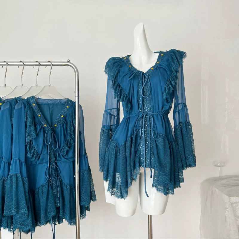 G6NSun Yaqiao Xiaomo Xia с длинными рукавами, синяя кружевная кукла, шифоновая рубашка с v-образным вырезом, легкая топ-юбка в зрелом стиле