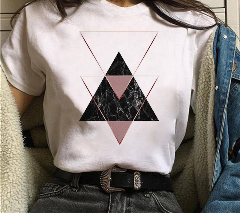 2022 Summer Short-sleeved Simple Geometric Print Harajuku Men's and Women's Round Neck Loose White T-shirt Women's Cross-border
