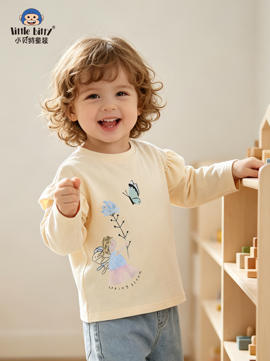 Girls' Fall/Winter 2026 Ruffle Shoulder Long Sleeve T-Shirt with Butterfly Fairy Print, Round Neck Base Shirt, In Stock