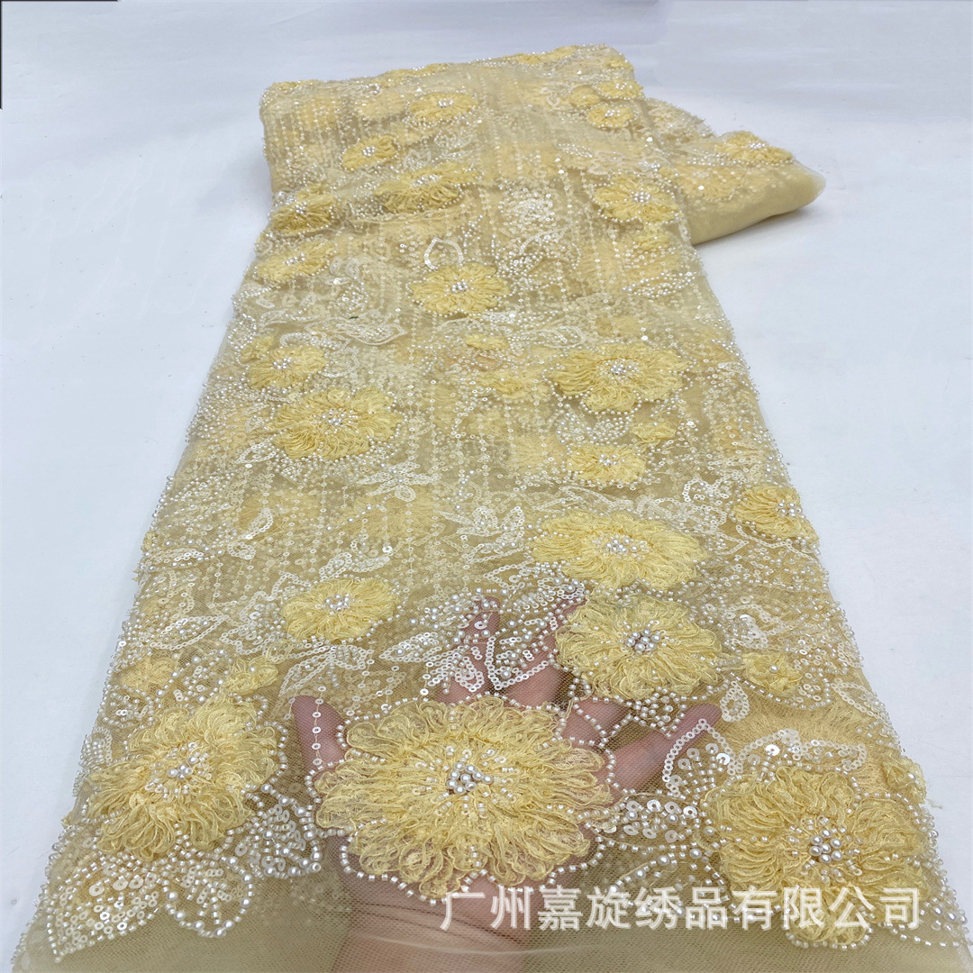Nuevo bordado de flores pesadas + bordado de perlas de arroz + bordado de sequillas tela de bordado ligera de lujo color diamante vestido de boda vestido de moda