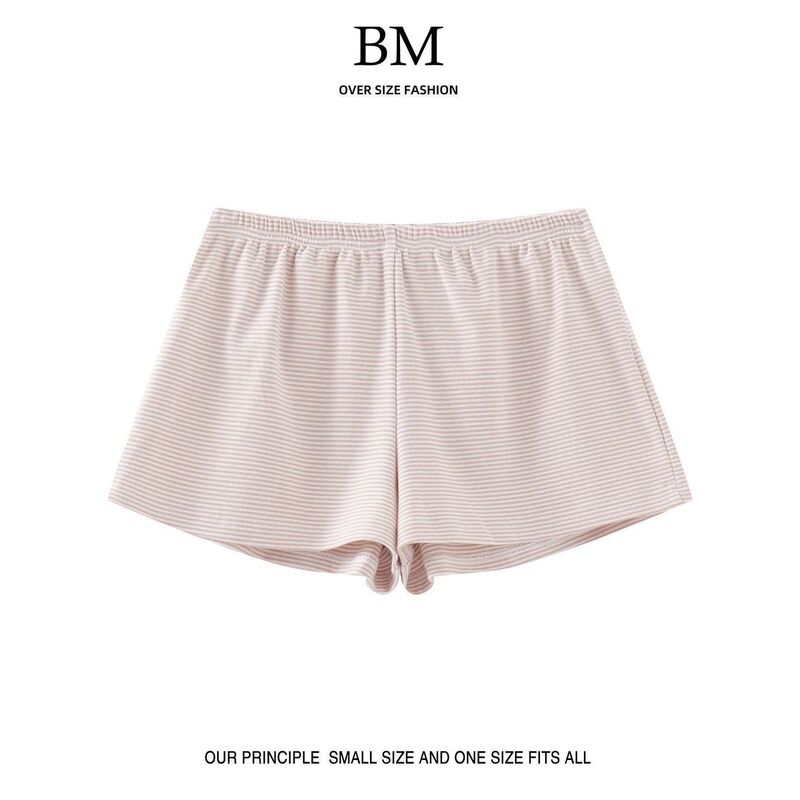 Super comfortable to the touch! American-style casual elastic waist pink and white striped pure cotton shorts, home straight-leg pants, versatile trousers Super comfortable to the touch! American-style casual elastic waist pink and white striped pure cotton shorts, home straight-leg pants, versatile trousers