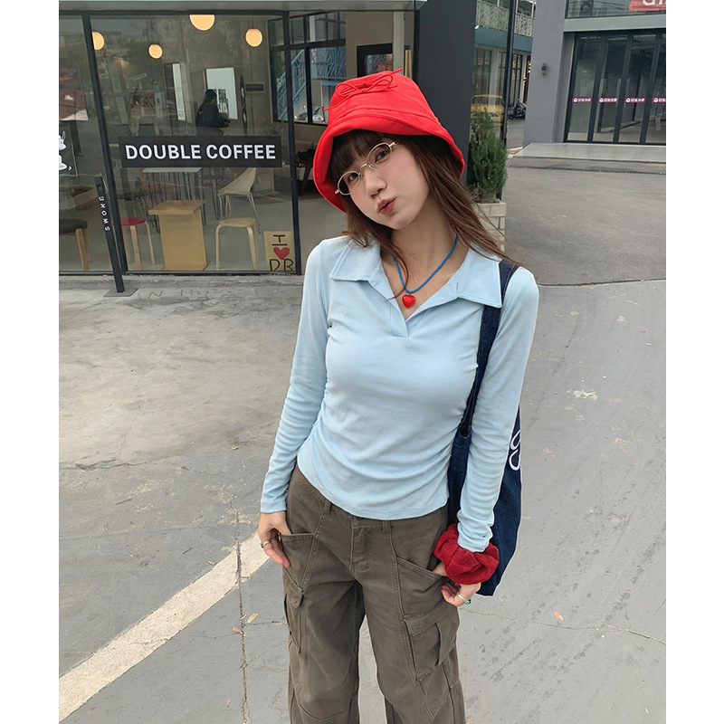 实拍 #白色polo衫女T恤女2026新款修身收腰早春季上衣长袖秋