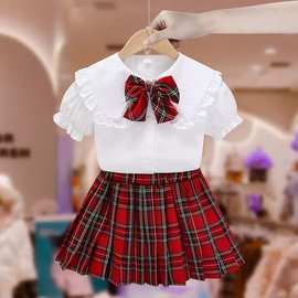 女童夏装短裙套装新款儿童装小女孩衬衫jk百褶裙学院风两件套裙子
