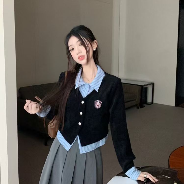 假两件套衬衫上衣女装秋冬季2023年新款灰色半身裙学院风套装裙子
