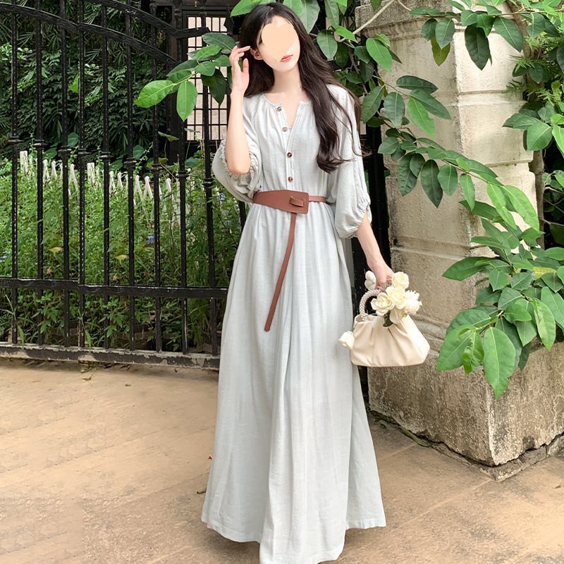大码女装2025夏季气质休闲遮肉显瘦连衣裙设计感气质法式字长裙|undefined
