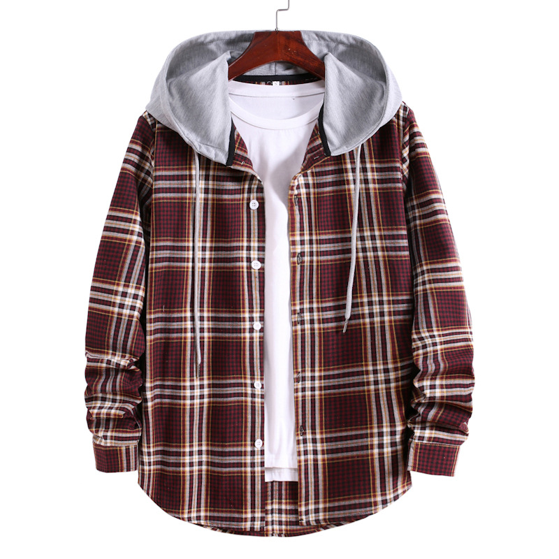 Camicia a maniche lunghe casual alla moda di grandi dimensioni con cappuccio scozzese allentato da uomo 2024_voghion.com