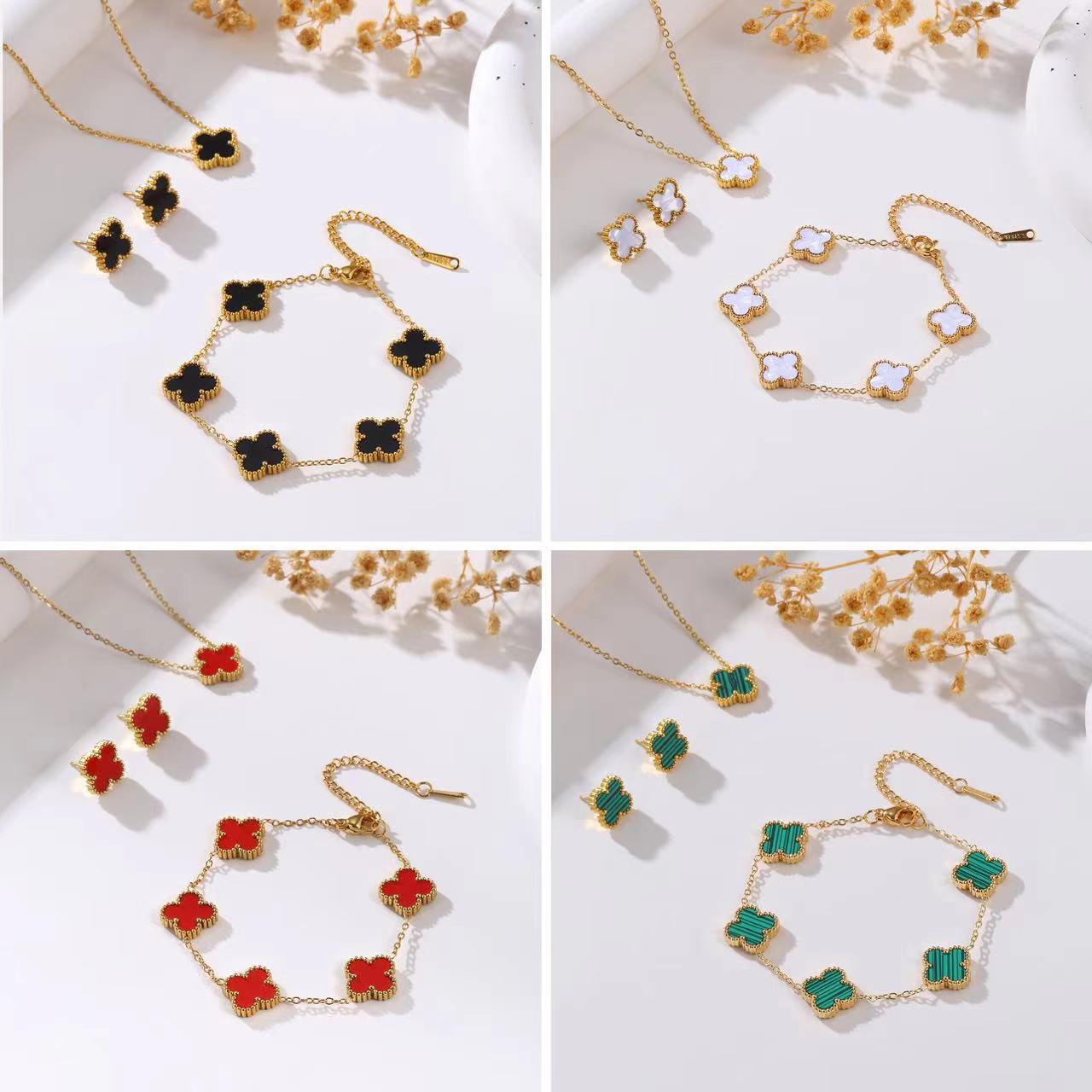 Factory Direct Sales Hot-Selling Gold-Plated Stainless Steel Four-Leaf Clover Three-Piece Set Necklace Bracelet Earrings Plant Flower Design