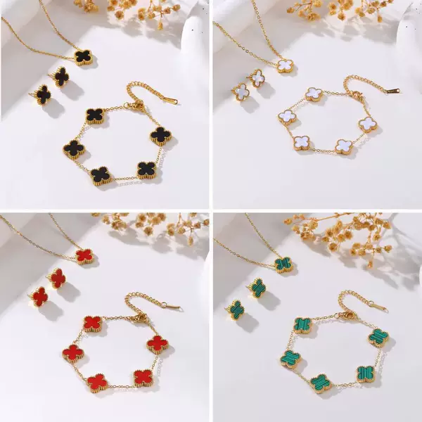 Factory Direct Sales Hot-Selling Gold-Plated Stainless Steel Four-Leaf Clover Three-Piece Set Necklace Bracelet Earrings Plant Flower Design