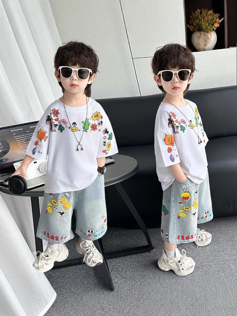 8219 Ropa Infantil 2026 Nuevo Traje de Verano para Niños, Conjunto Casual de Manga Corta para Bebé, Ropa de Estilo Coreano para Niño Pequeño