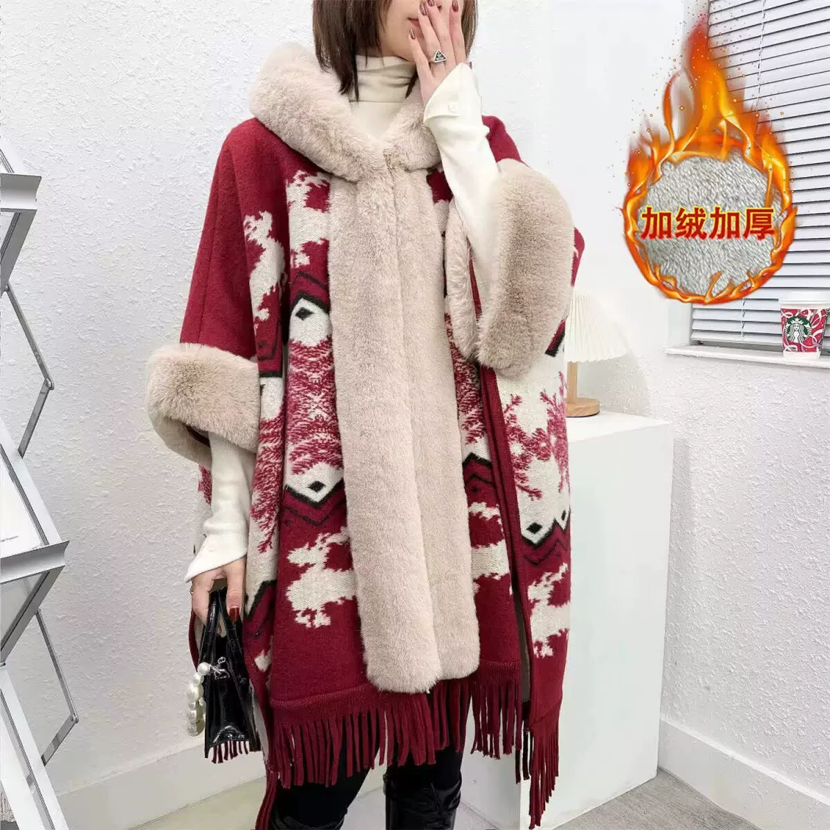 Перхолищный плащ в демисезон, тренч, западный стиль, plus size, с капюшоном и отделкой из искусственного меха