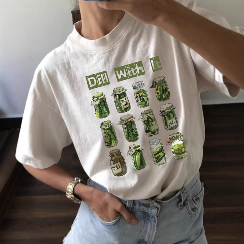 European and American Cross-Border Export Round Neck Fun Dill Pickle Pattern Printed Summer New T-Shirt Women's Shirt