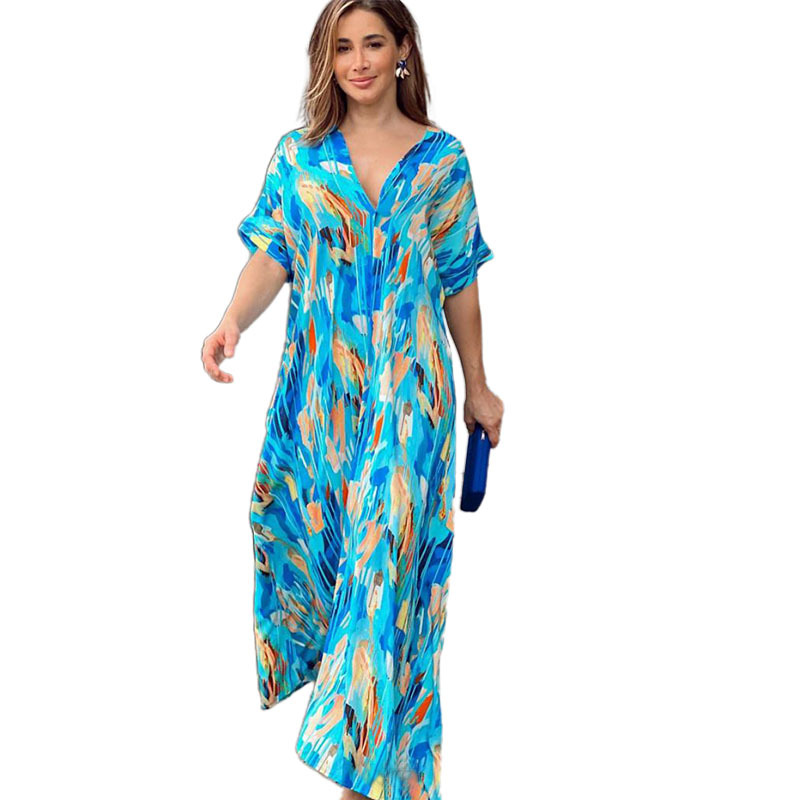 Women's Straight Skirt Casual V Neck Printing Half Sleeve Printing Maxi Long Dress Daily display picture 6