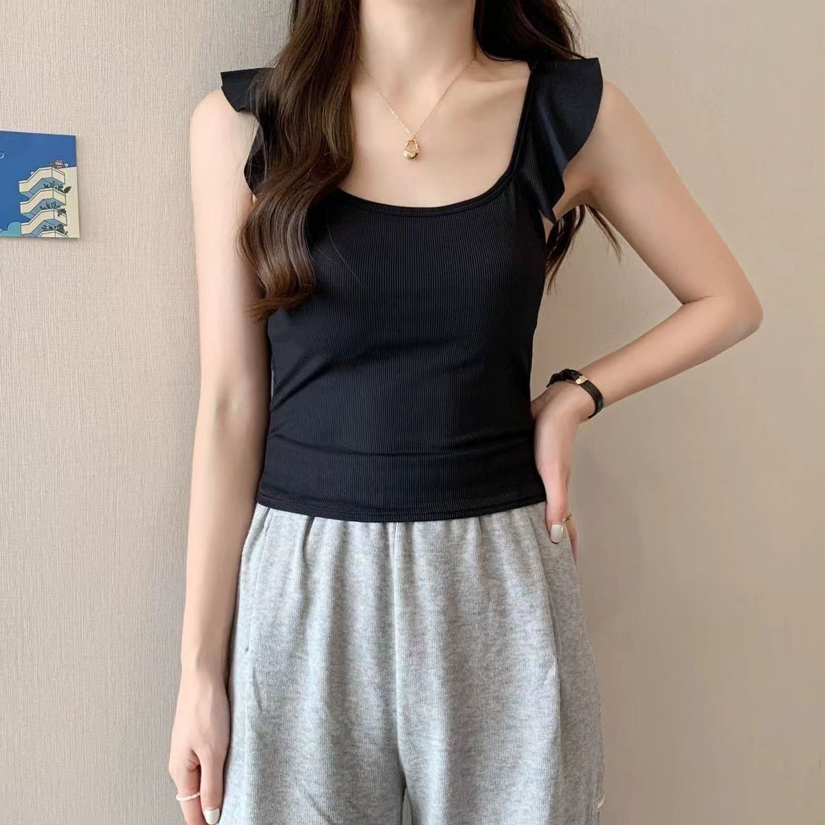 Summer new Ice Silk small flying sleeve camisole women with chest pad slim-fit beauty back tube top underwear bottoming top thin