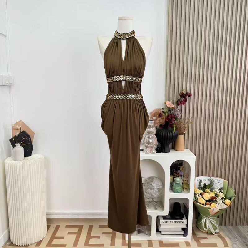 Jaykybyanmm Dusk Olive Green V-Neck Hollow-Out Halter Long Dress Women's Heavy Beading Sequin Dress Jaykybyanmm Dusk Olive Green V-Neck Hollow-Out Halter Long Dress Women's Heavy Beading Sequin Dress
