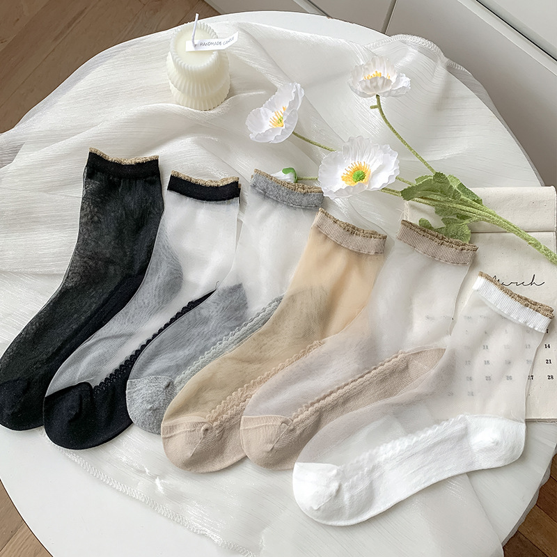 Socks women's lace silk stockings cotton bottom mid-tube socks stockings spring and summer thin glass silk breathable ultra-thin socks