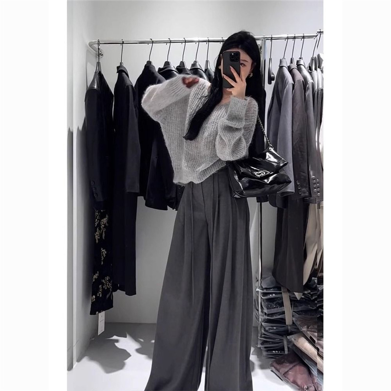 韩风chic盐系轻熟灰色针织毛衣阔腿裤两件套装秋季女装2025年新款|undefined