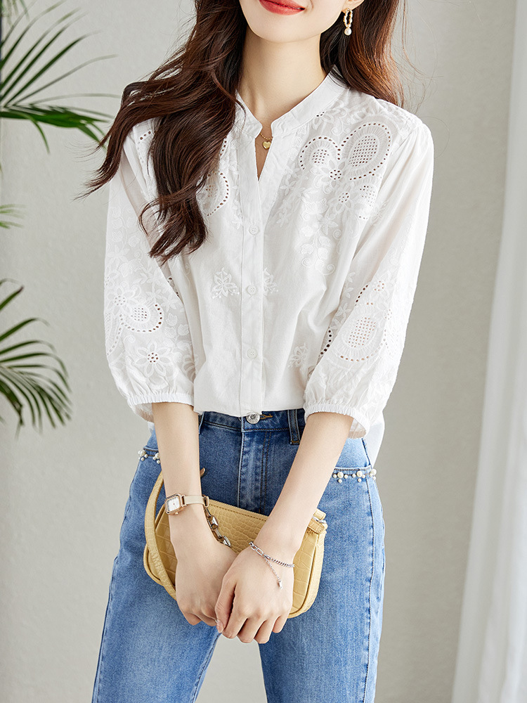 V-Neck White Shirt for Women, Three-Quarter Sleeves, 2026 Spring New Style, Pure Cotton Embroidered Hollow-Out Top, Elegant and Mature Shirt