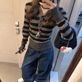 美式辣妹复古条纹针织衫女秋冬新款羊毛衫修身气质连帽毛衣外套女