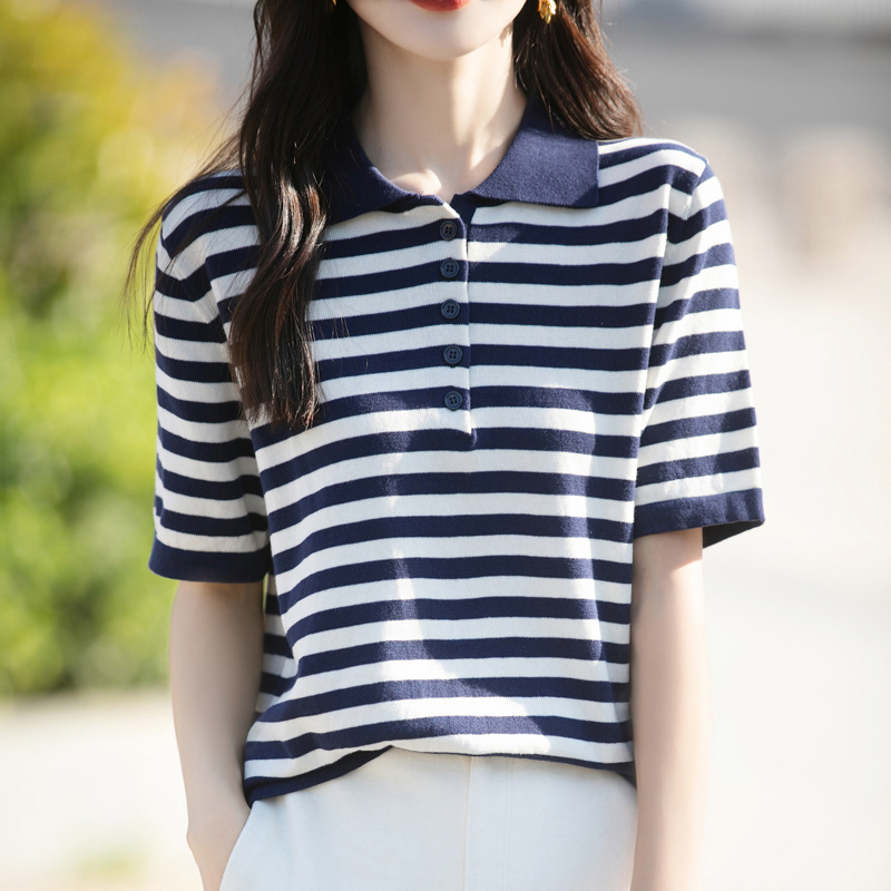 Summer new women's full solid color cotton sweater women's T-shirt women's short sleeve POLO shirt collar striped top foreign trade wholesale Summer new women's full solid color cotton sweater women's T-shirt women's short sleeve POLO shirt collar striped top foreign trade wholesale
