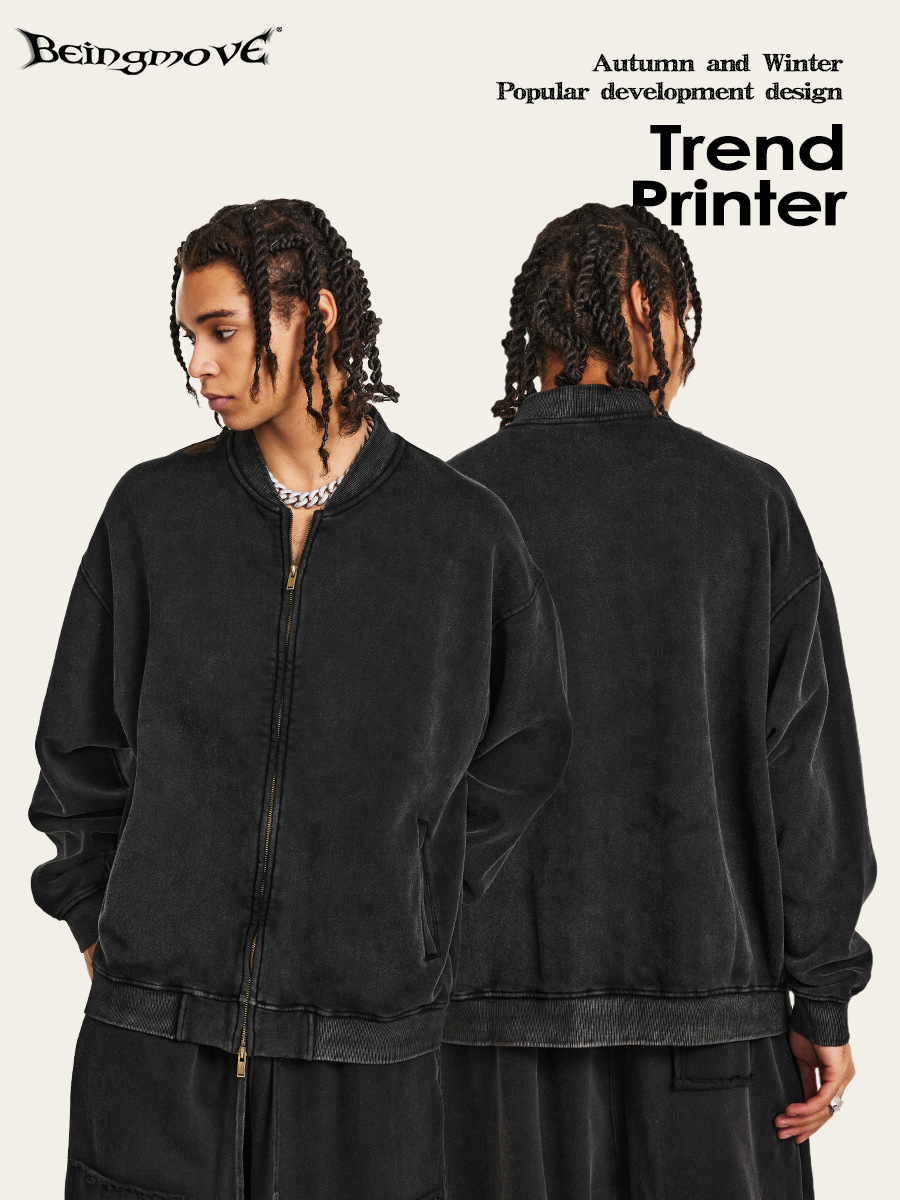 2025 otoño y invierno estadounidenses de alta tendencia de la calle de moda de estilo neutro más vello lavado retro negro cremallera cardigan chaqueta chaqueta hombre