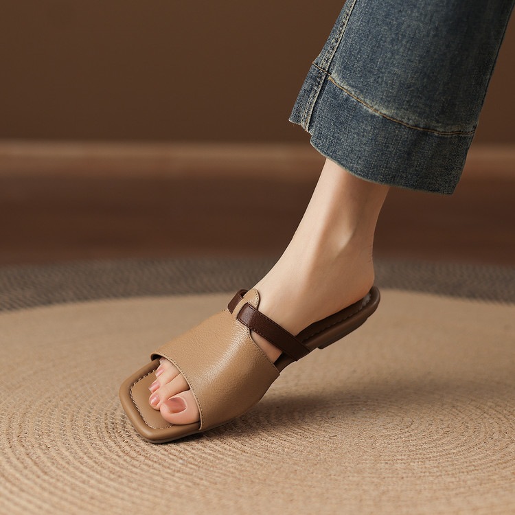 Dép sandal nữ xỏ ngón đế bệt phối màu hở mũi thời trang — màu trắng ngà, màu mơ chi tiết 36