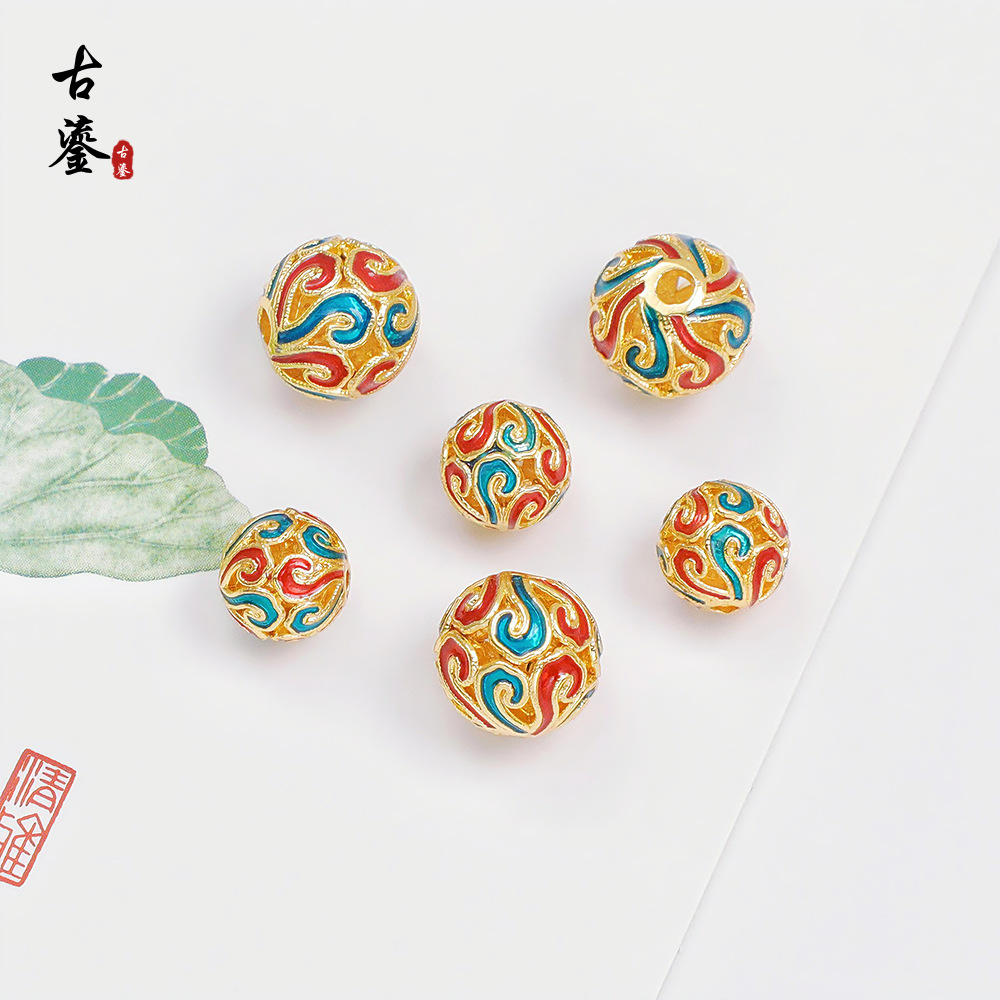 滴油景泰蓝镂空云纹圆珠圆球diy手工红绳手串珐琅烧蓝珠子配饰
