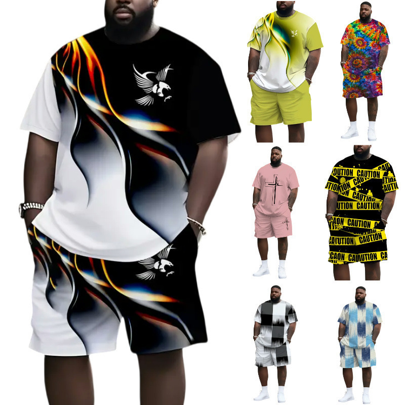 Temu Cross-Border European and American Summer T-Shirt and Shorts Set with Patterned Color-Blocking 3D Digital Print Casual Beach Set