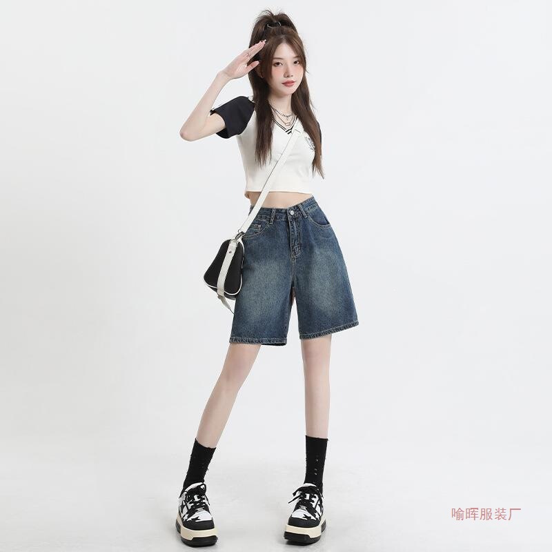 Vintage Blue Denim Shorts for Women, Summer 2026, Thin Style, Straight Loose High-Waisted Mid-Length Shorts, Cotton, Leg-Lengthening Effect