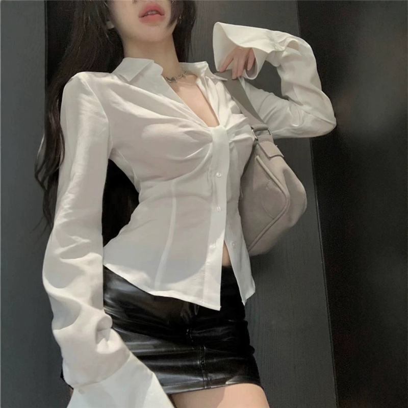Low V-neck Hong Kong style new spring and autumn white bell-sleeve shirt for women, slim-fit and waist-cinching top