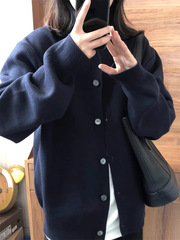 藏青色毛衣开衫外套女针织衫秋季新款宽松慵懒风别致休闲百搭上衣
