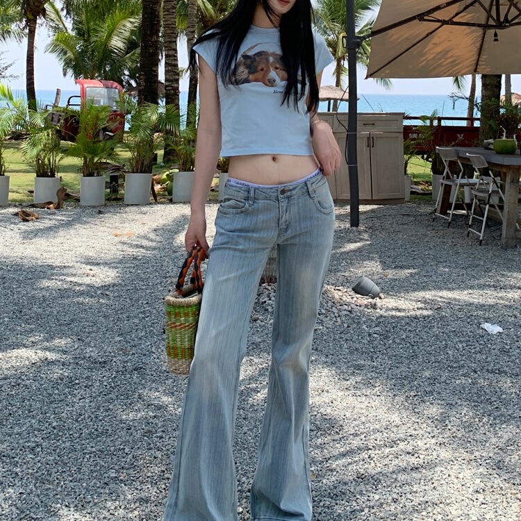 派派美式浅色低腰宽松微喇牛仔裤女夏季新款直筒修身显瘦喇叭拖地|undefined