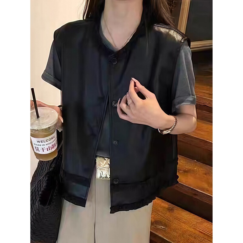 高级感木耳边圆领皮马甲女2025新款韩版时尚百搭宽松无袖背心马夹|undefined