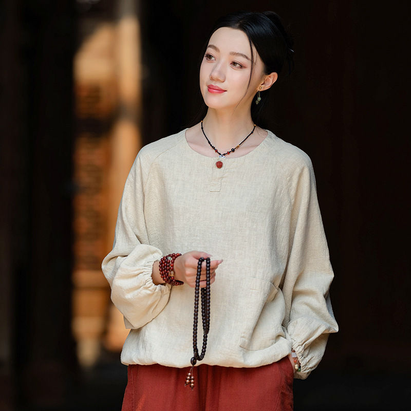 26 Spring New Vintage Style Round Neck Pullover Cotton Linen Button-Up Shirt Women's Long Sleeve Versatile T-Shirt