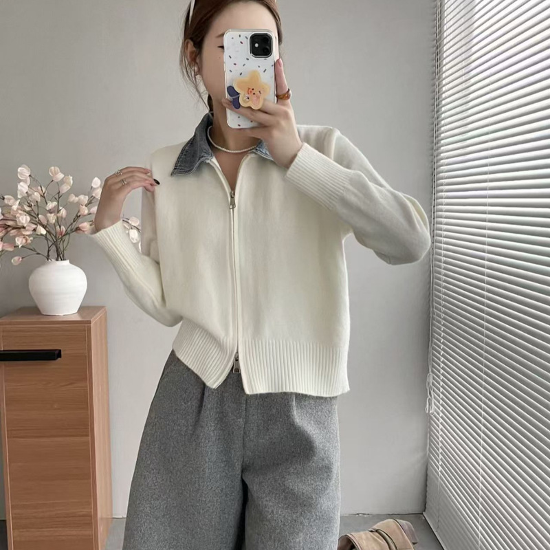 Korean-style retro patchwork denim lapel sweater for women, 2026 autumn and winter, loose and versatile, double-zipper knitted cardigan jacket Korean-style retro patchwork denim lapel sweater for women, 2026 autumn and winter, loose and versatile, double-zipper knitted cardigan jacket