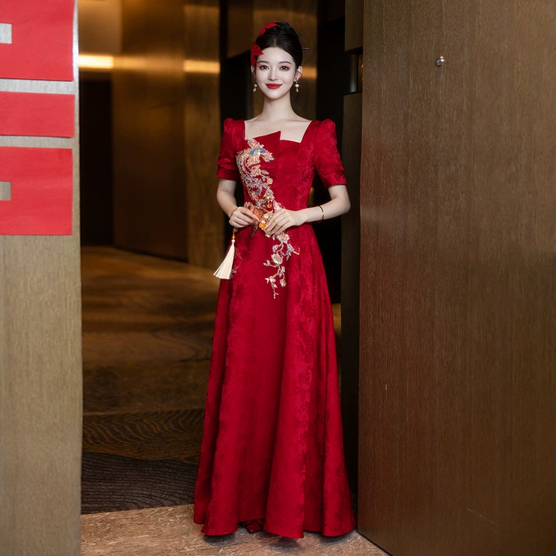 Burgundy long evening dress for bride, Chinese style