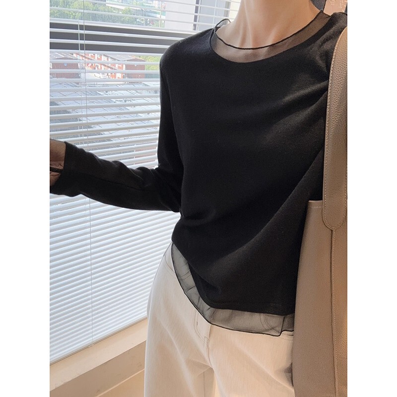 Lace Splicing Bottoming Shirt ~ Autumn and Winter Gentle Sweater with Elastic Slimming Look Straight Long-Sleeved T-Shirt Worn Outside Lace Splicing Bottoming Shirt ~ Autumn and Winter Gentle Sweater with Elastic Slimming Look Straight Long-Sleeved T-Shirt Worn Outside