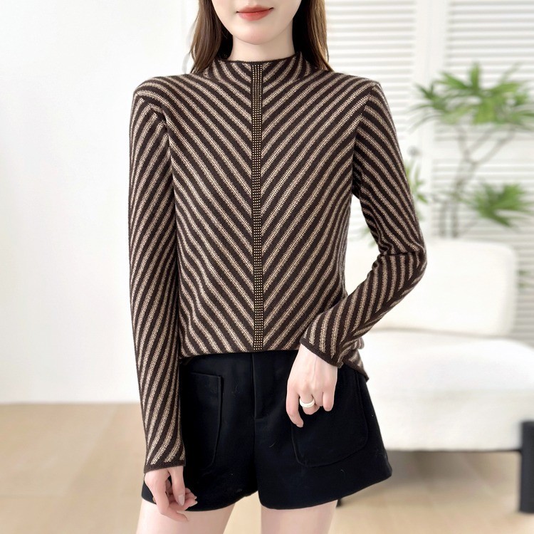 直播爆款2025秋冬新款时尚妈妈装半高领洋气条纹内搭打底衫上衣女