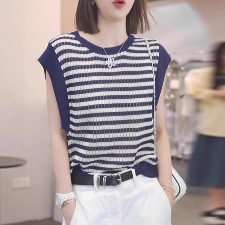 Fashion Contrast Color Stripe Women's Vest Vest Women's Spring and Summer Ootd Wear Loose Age-Reducing Sleeveless Sweater Top