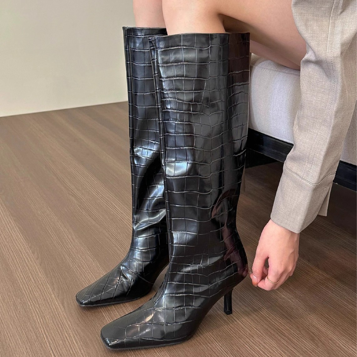 牛皮版~法式时髦方头鳄鱼纹大筒围高跟长靴女不过膝长筒骑士靴