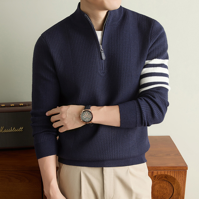 10A antibacterial thickened 600g spring/autumn knitted men's casual light luxury sweater, long-sleeved half-zip stand-up collar polo shirt